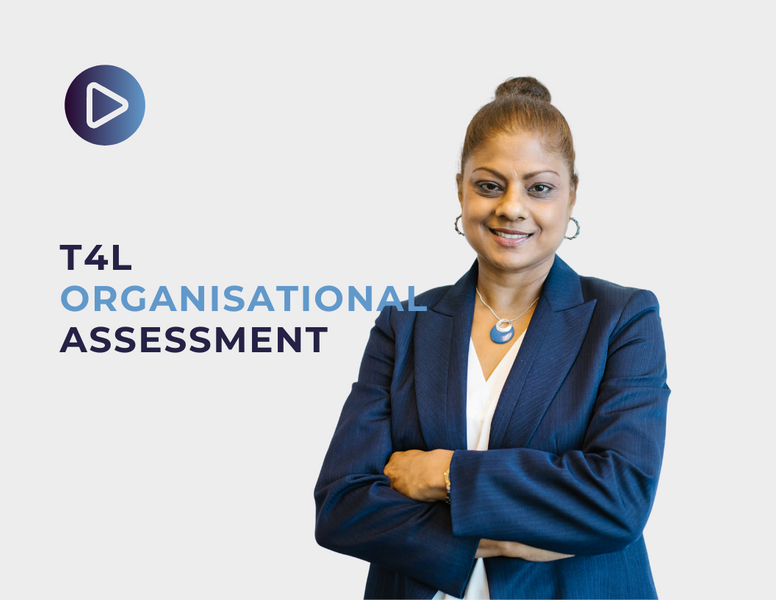 a woman stands with her arms crossed in front of a sign that says 4l organisational assessment