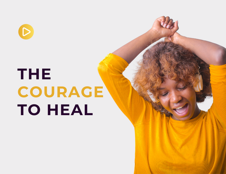 a woman in a yellow shirt is smiling in front of a sign that says " the courage to heal "