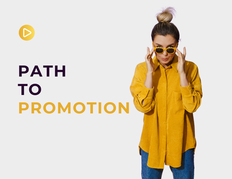 a woman wearing sunglasses stands in front of a sign that says path to promotion