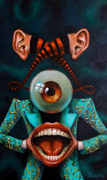 Figura surreal com um olho central, orelhas conectadas e uma boca aberta ampliada pelas mãos.