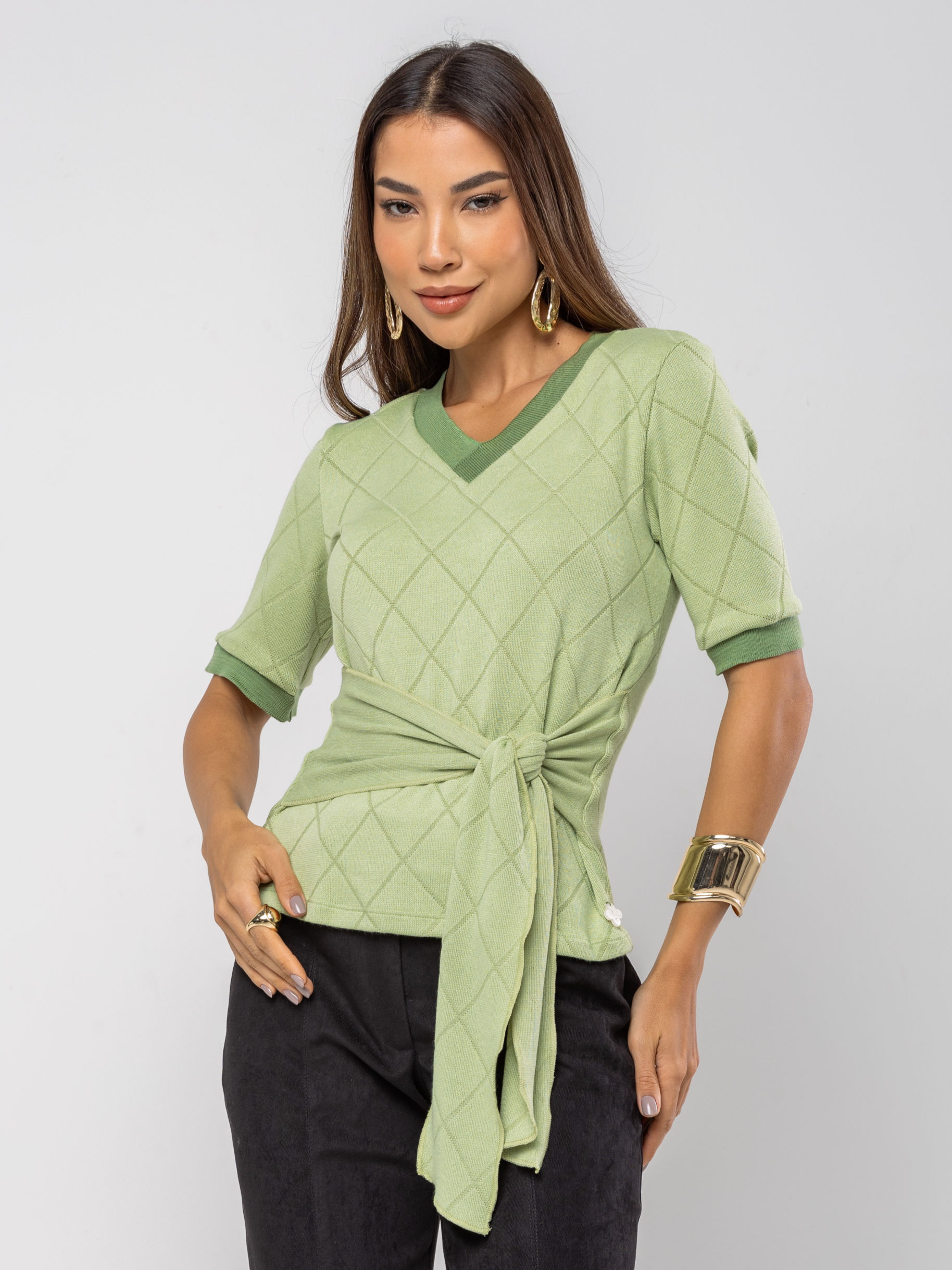 Blusa Manga Curta em Tricot com Amarração Verde