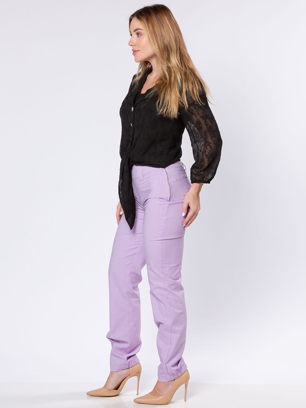 Miniatura: Calça Reta Brim com Pregas Lilás