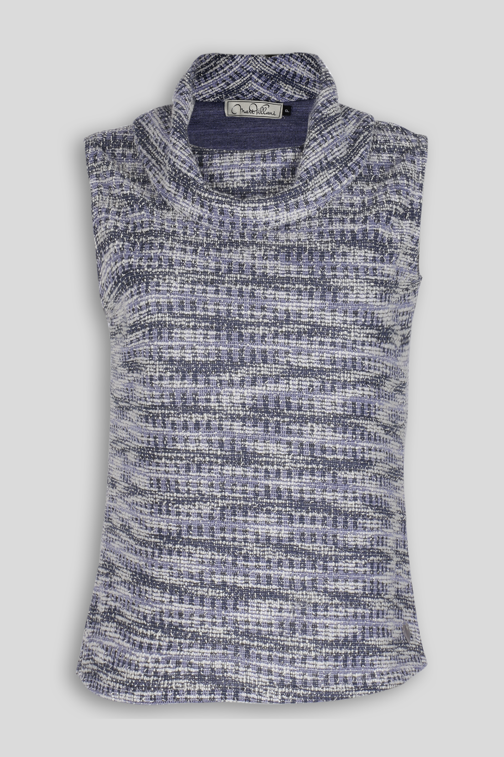 mari villani blusa sem mangas regata malha de tweed mescla azul jeans