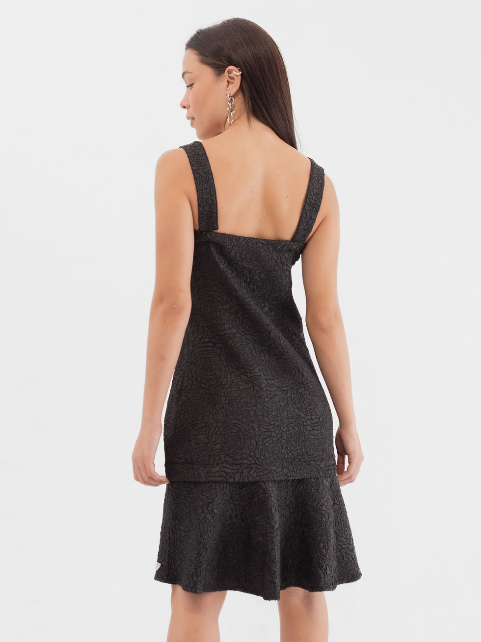 Miniatura: costas vestido preto delicado textura flores jacquard festa com alças cinto e bolso avulso