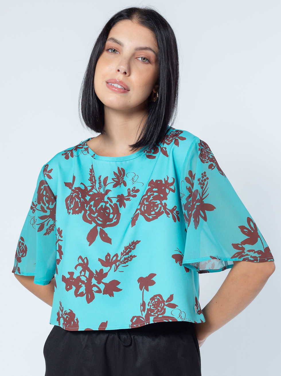 Miniatura: blusa camiseta manga curta ampla estampa floral tiffany e marrom