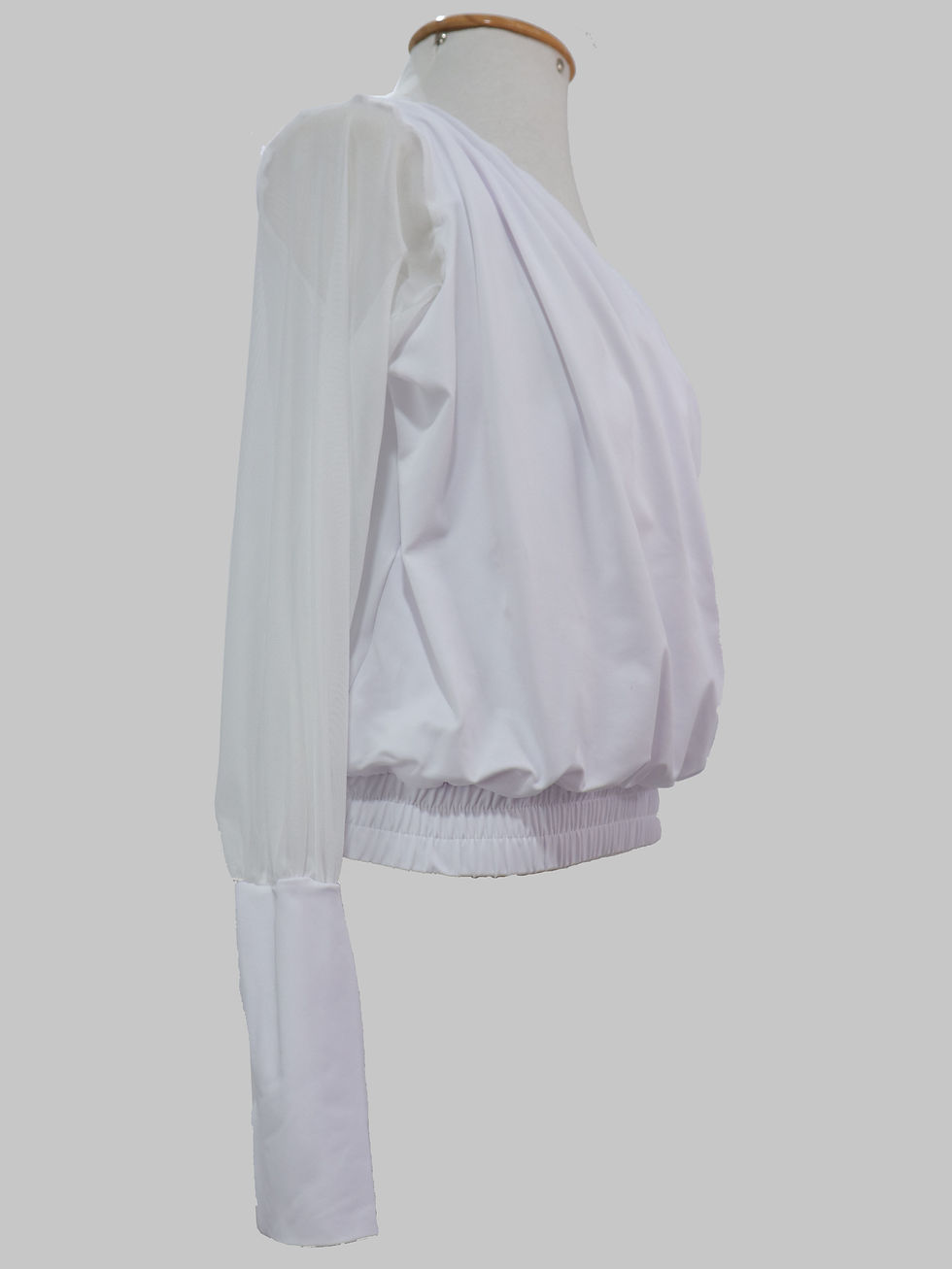 Miniatura: detalhe blusa de malha com pregas manga longa branca manga tule