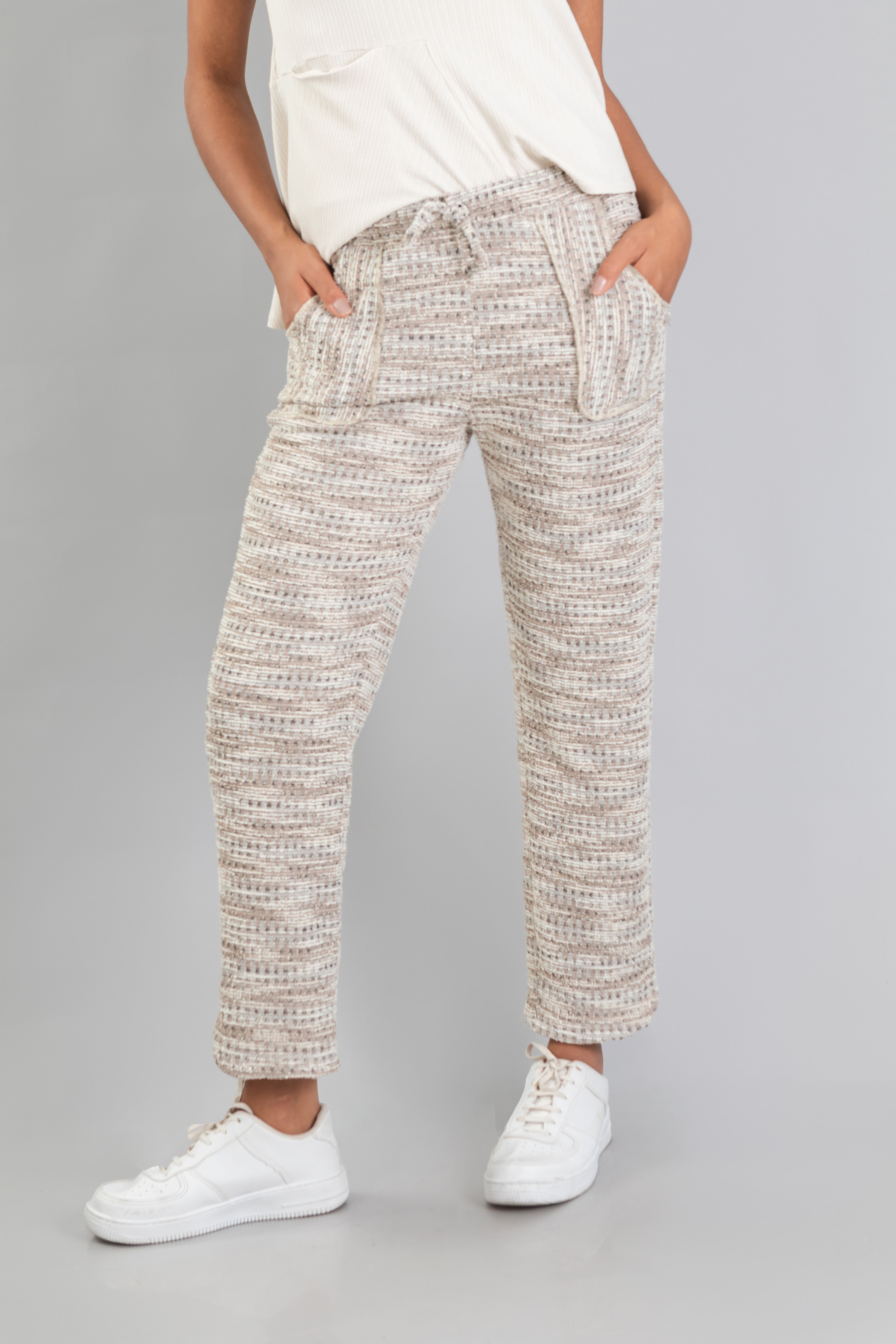 Calça em Malha Aspecto Tweed Bege Mescla