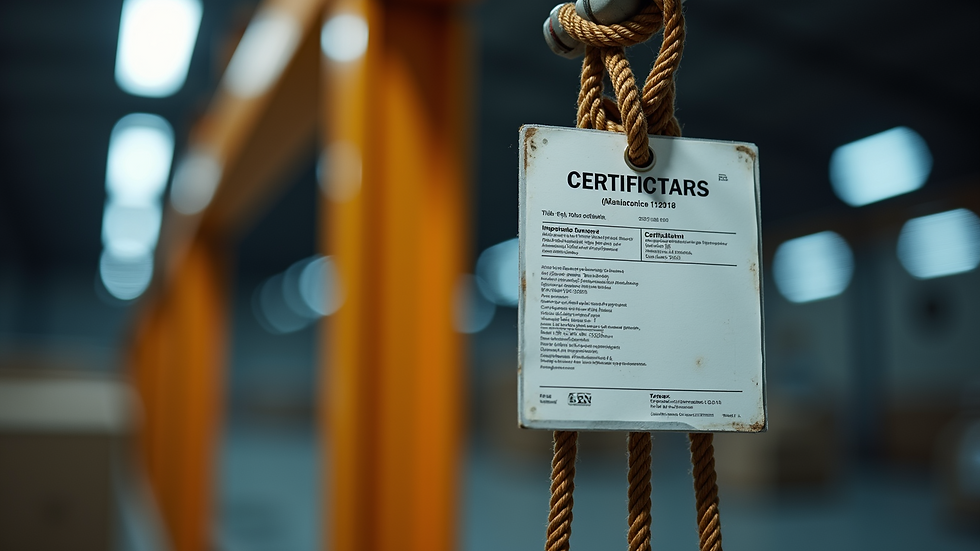 Close-up view of inspection tag on lifting sling showing certification details