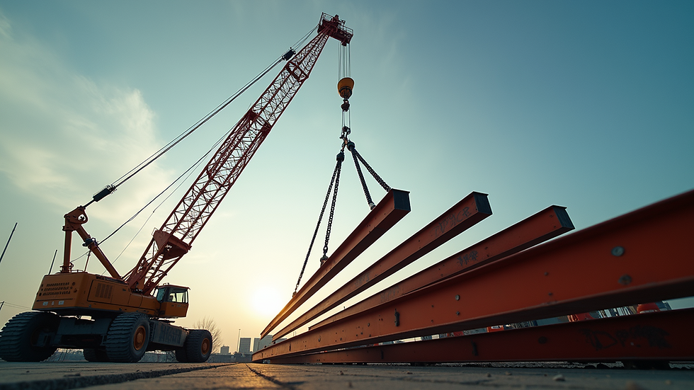 Eye-level view of a crane lifting heavy steel beams on a construction site