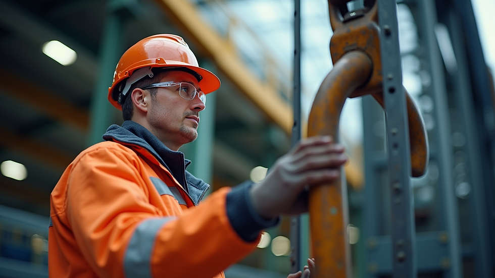 Eye-level view of a qualified lift supervisor inspecting lifting equipment