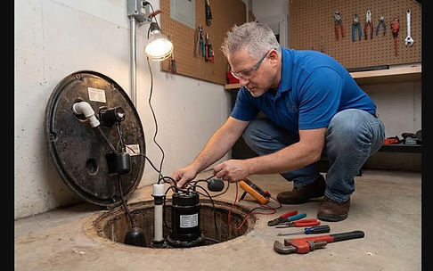 Replace The Home Tradesman contractor inspecting and cleaning a sump pump pit in a residential basement.