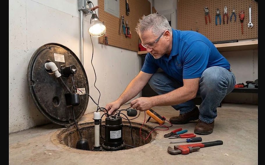 The Home Tradesman contractor inspecting and cleaning a sump pump pit in a residential basement.