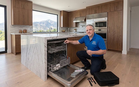 The Home Tradesman contractor installing a built-in dishwasher in a modern kitchen.