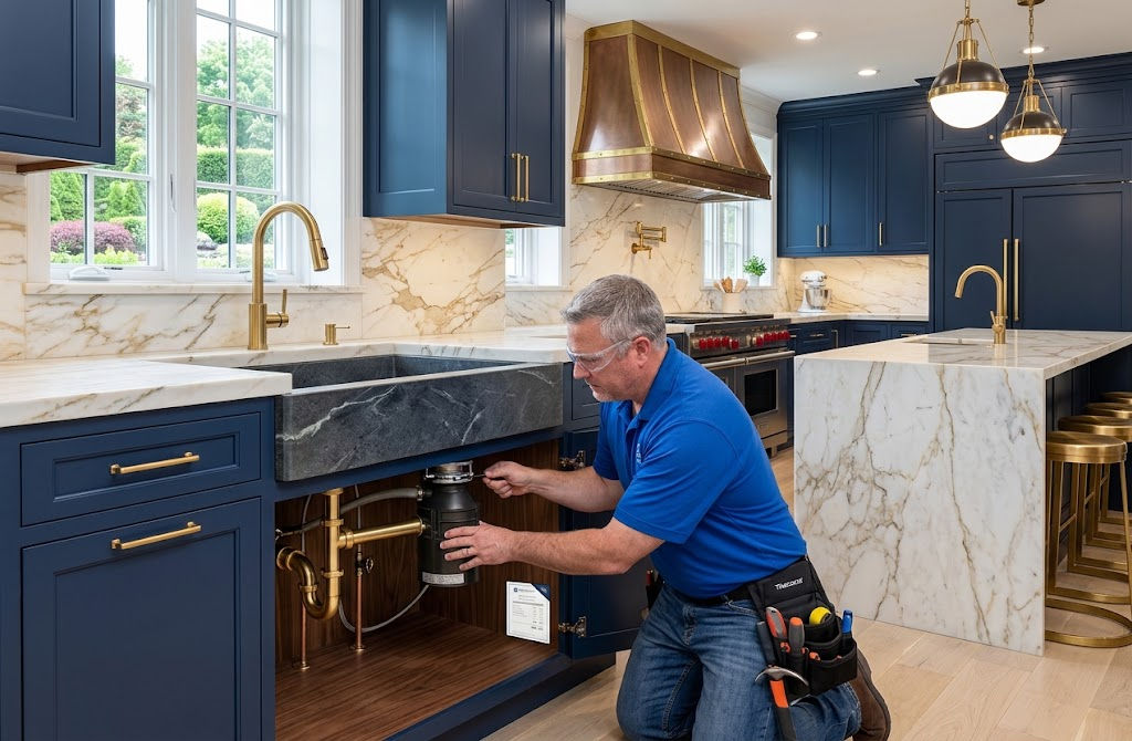 The Home Tradesman installing a garbage disposal under a kitchen sink in a Michigan home.