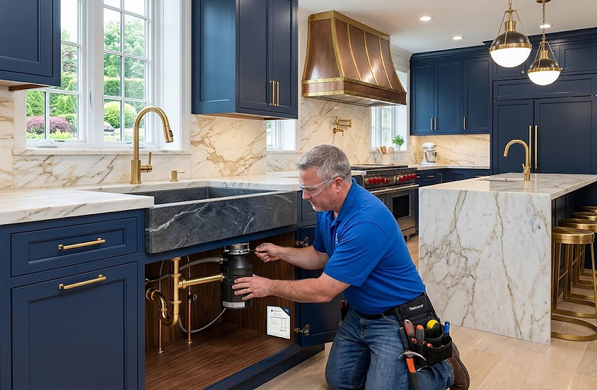 The Home Tradesman contractor installing a garbage disposal under a kitchen sink.