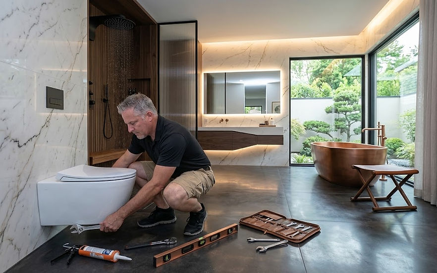 The Home Tradesman contractor installing a toilet in a modern bathroom.