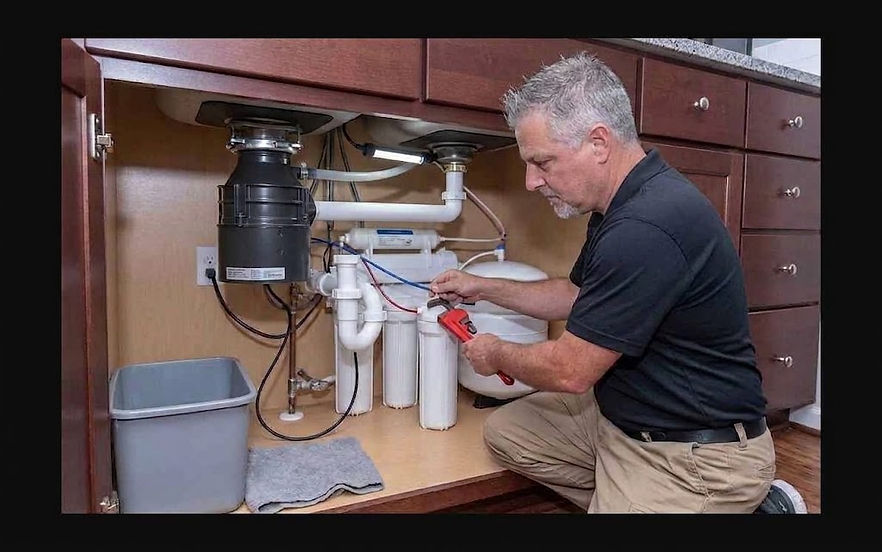 The Home Tradesman contractor installing a reverse osmosis water filtration system under a kitchen sink.
