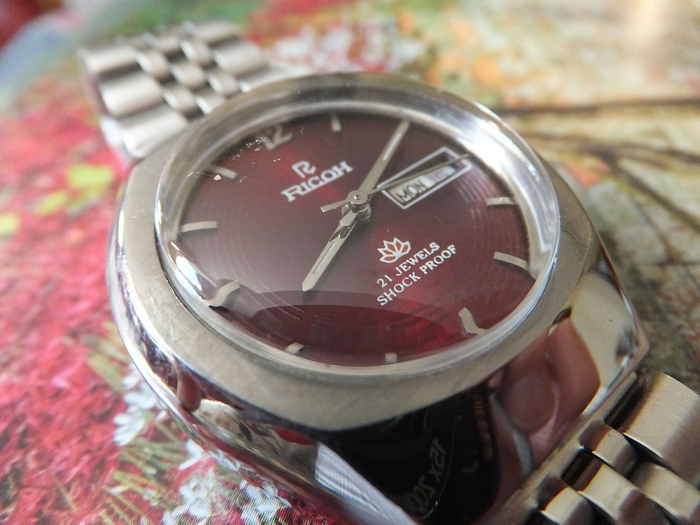 Thumbnail: Ricoh Automatic Plum Red Embossed Dial 36mm 1970's Japanese Made Bracelet Watch