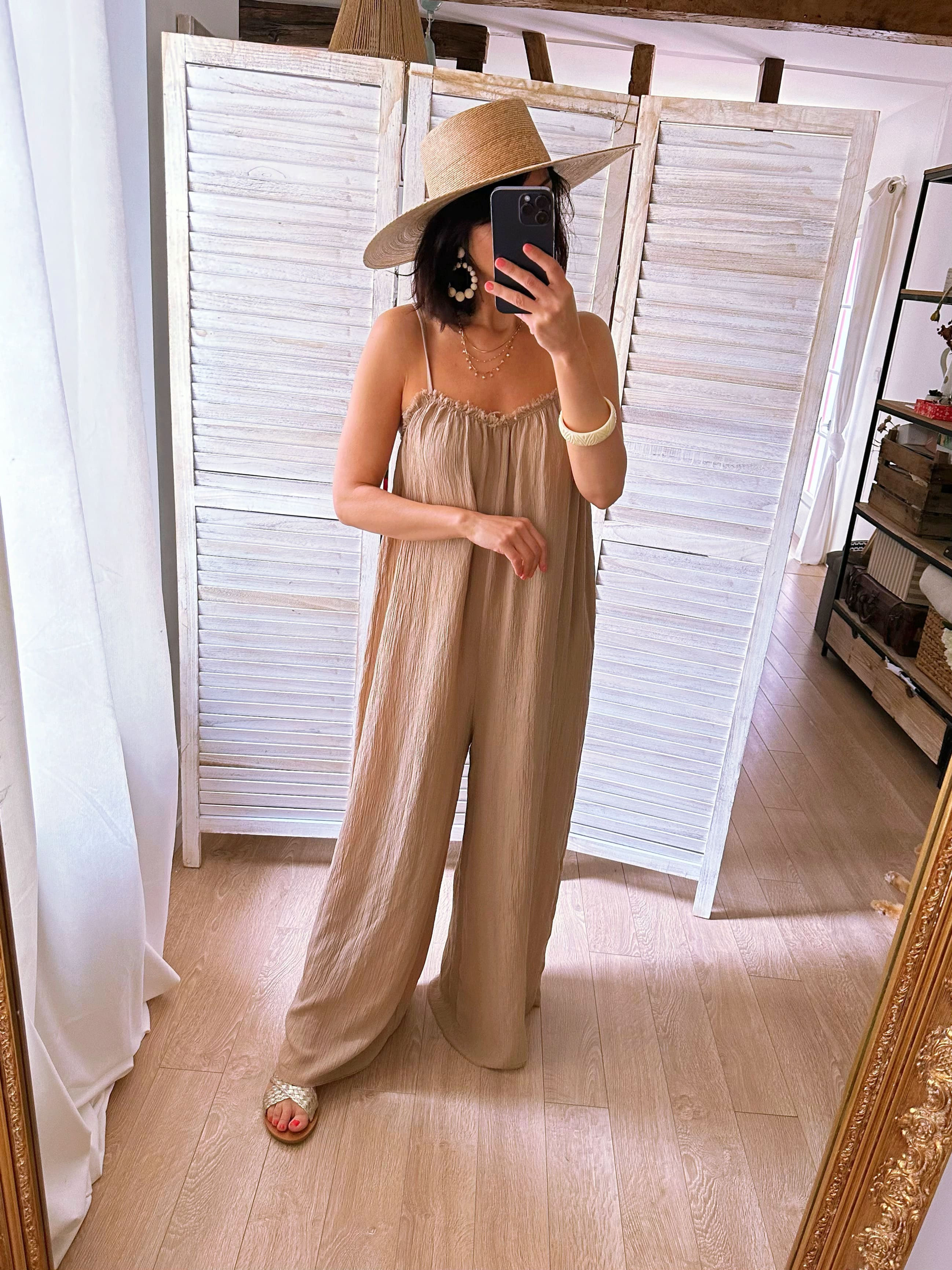 Combinaison large à bretelles camel - ELINE 🇮🇹