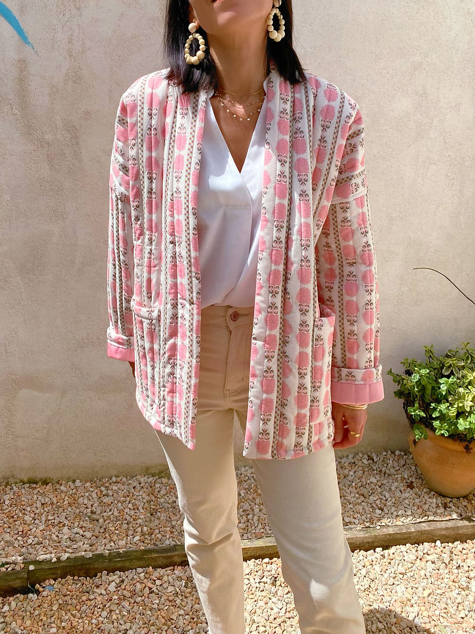 Miniatura: veste matelassée coton rose et blanc tendance