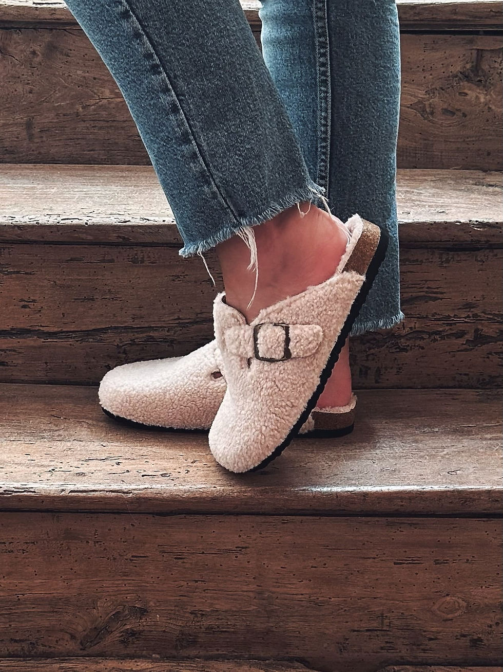 Miniature : es cosy femme écru à semelle liège et boucle, sabots tendance fourrés