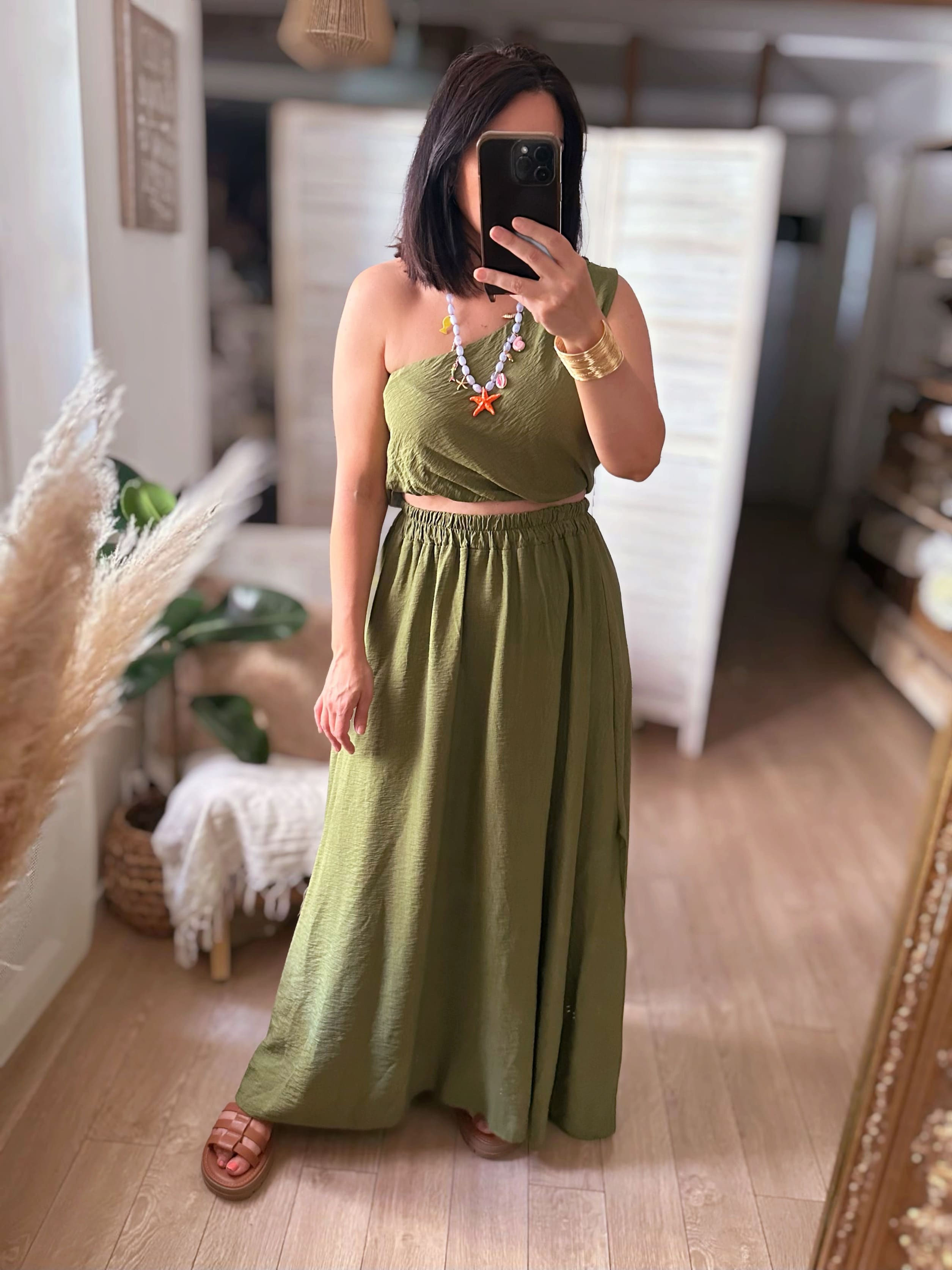 Ensemble jupe et haut asymétrique vert olive - SYLVIO 🇮🇹