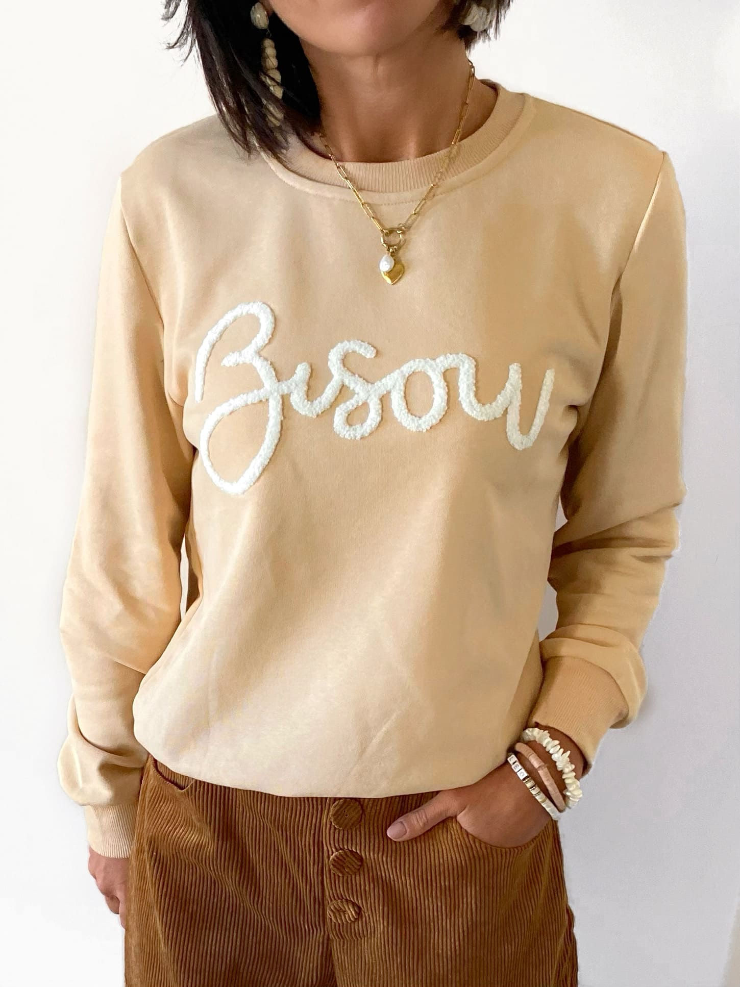 sweat coton beige femme avec inscription bisou