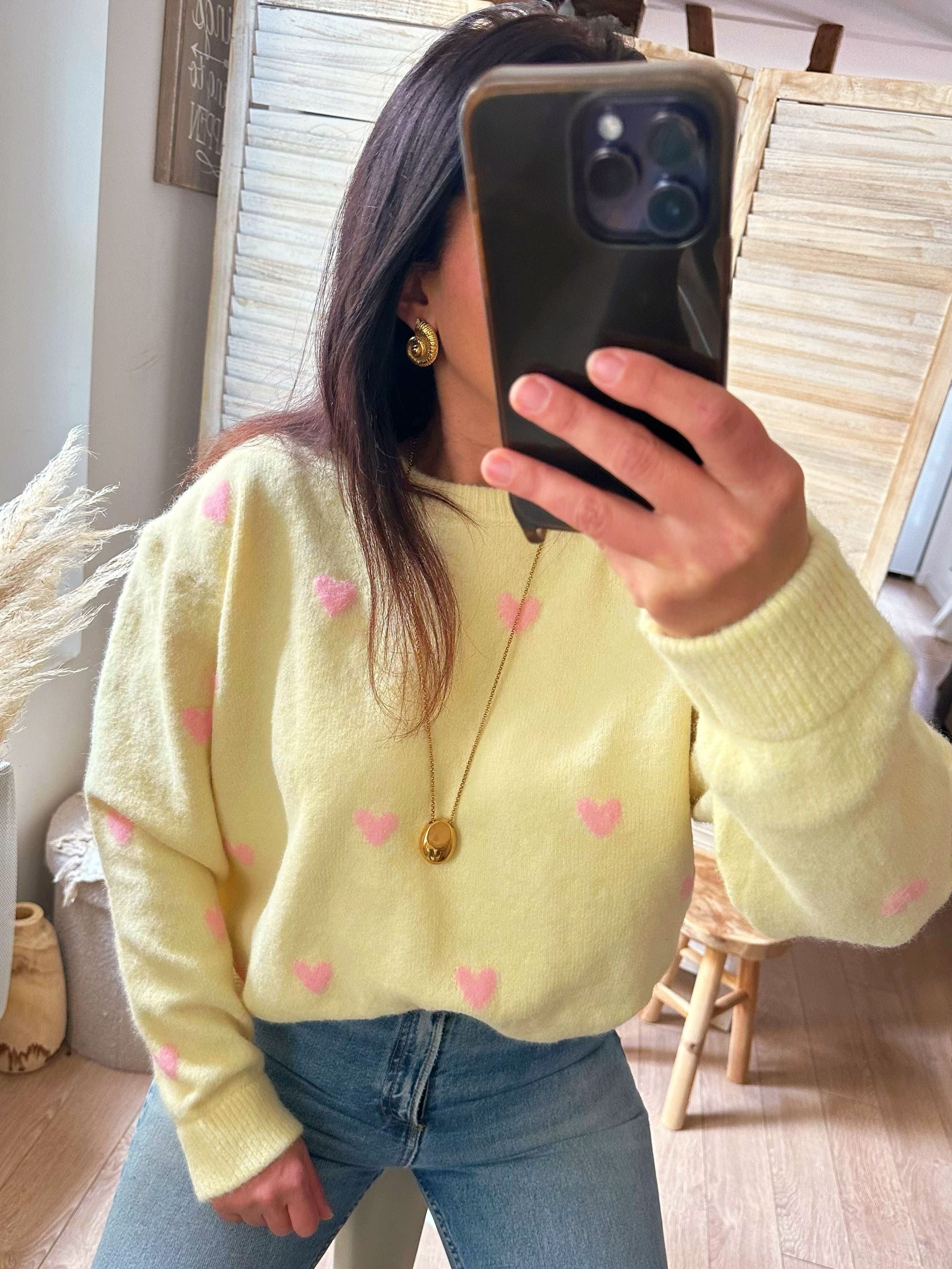 Pull jaune à coeurs rose - GABIN