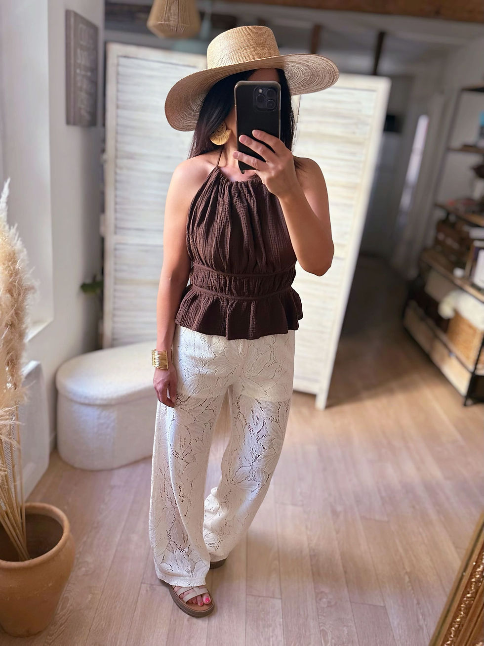 Miniatura: Pantalon large bohème chic blanc en dentelle pour femme