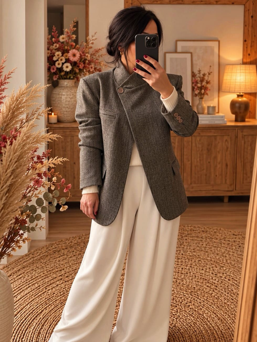 Veste asymétrique taupe Céleste à fines rayures