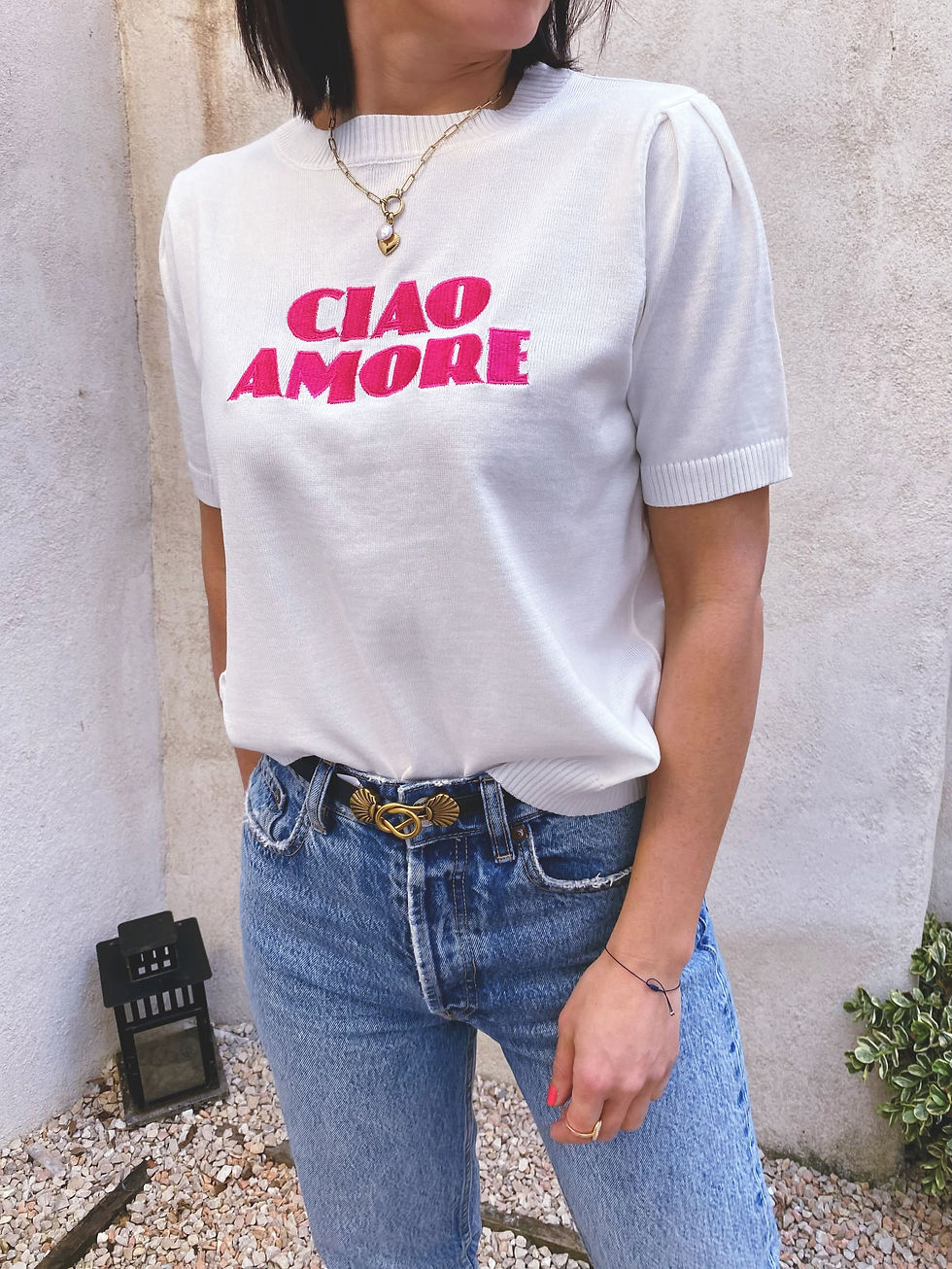 Thumbnail: Pull « Ciao Amore » rose en maille fine, style romantique