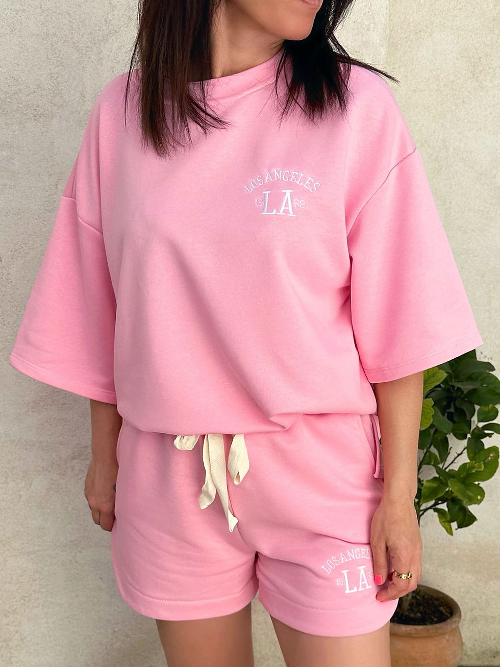 Miniature : Sweat oversize manches courtes rose et short assorti femme