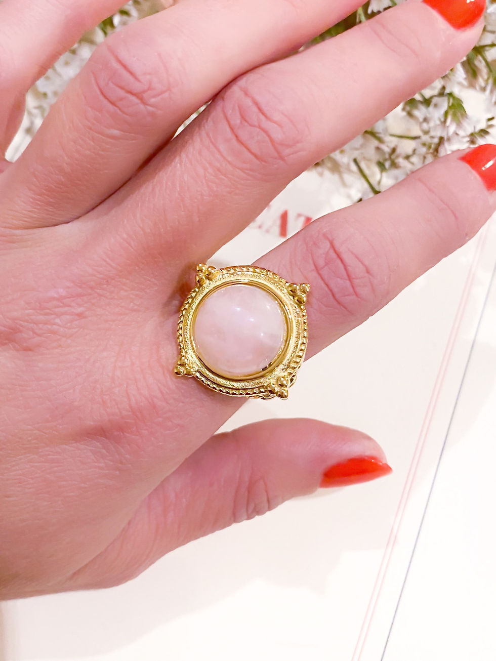 Miniatura: Bague dorée et quartz rose en acier inoxydable
