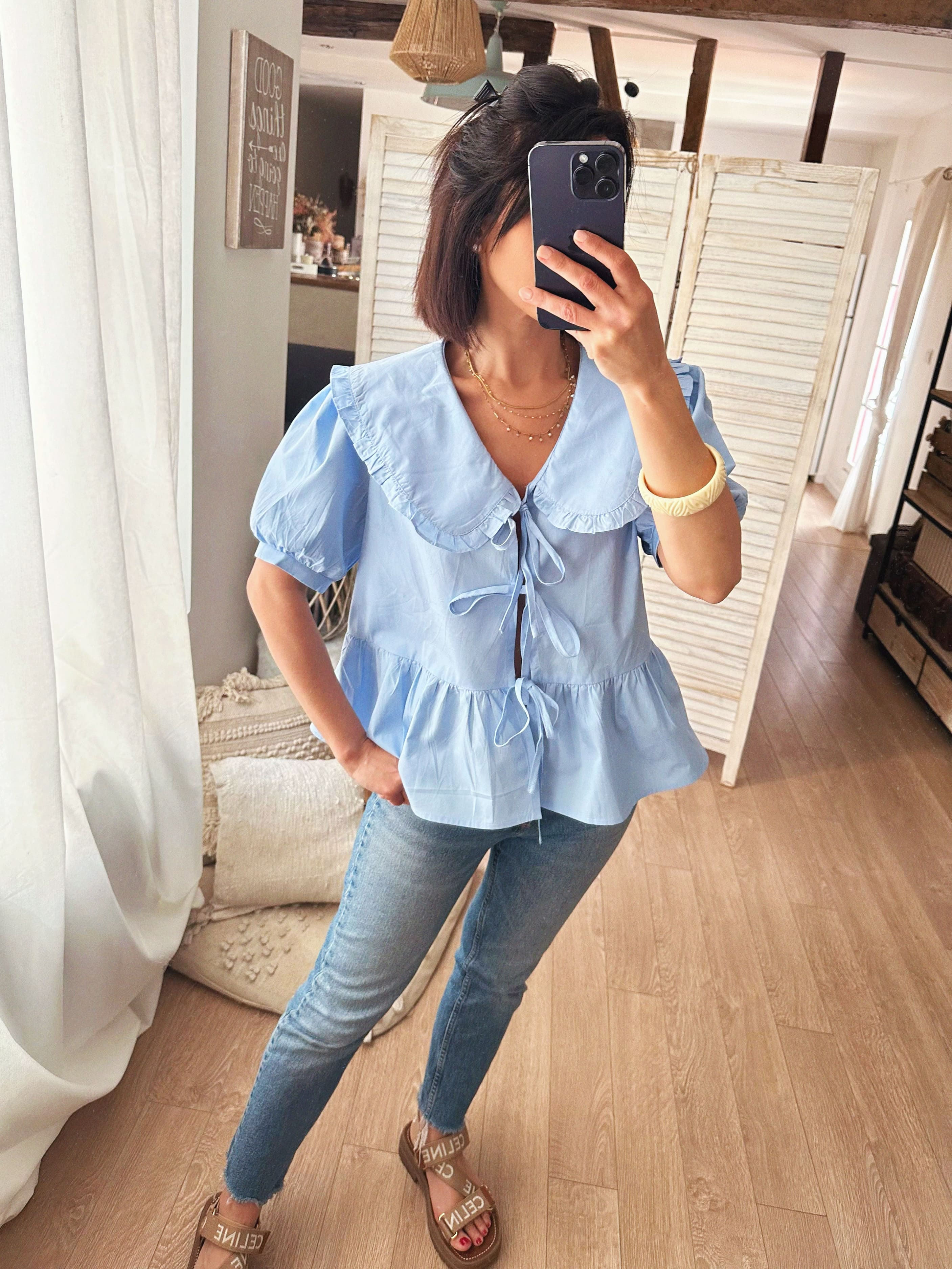blouse coton bleu ciel col volanté femme