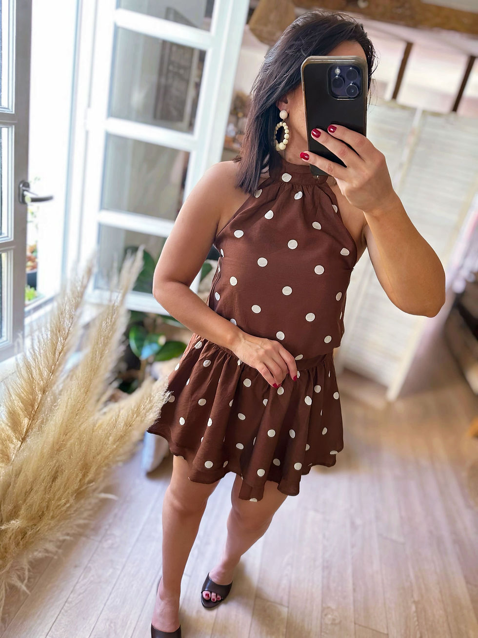 Thumbnail: Robe chocolat à pois beige - LUCIA