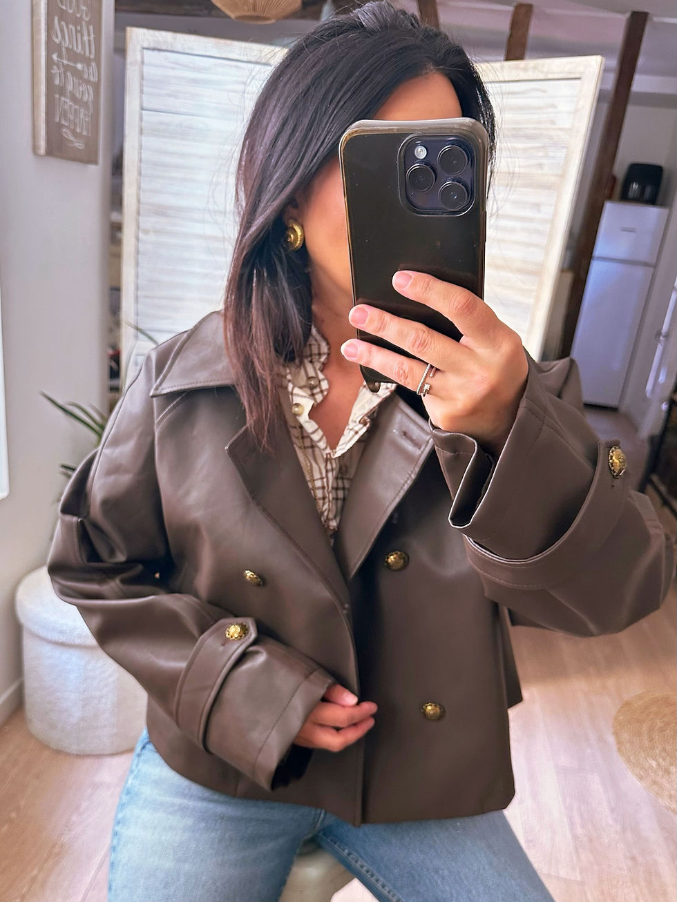 manteau structuré effet cuir marron boutons dorés
