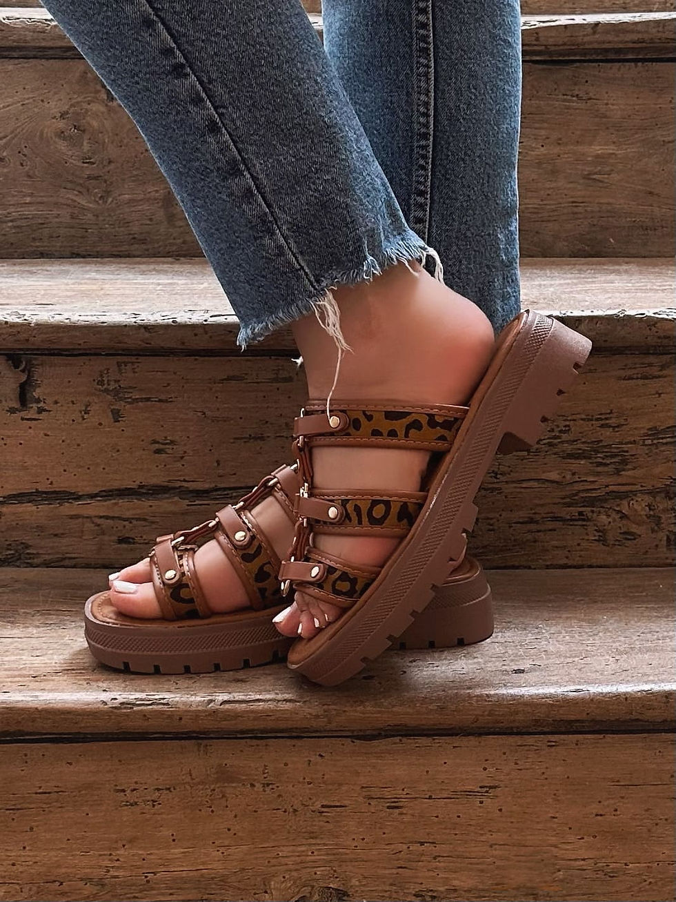 Thumbnail: sandales marron femme à brides léopard look estival