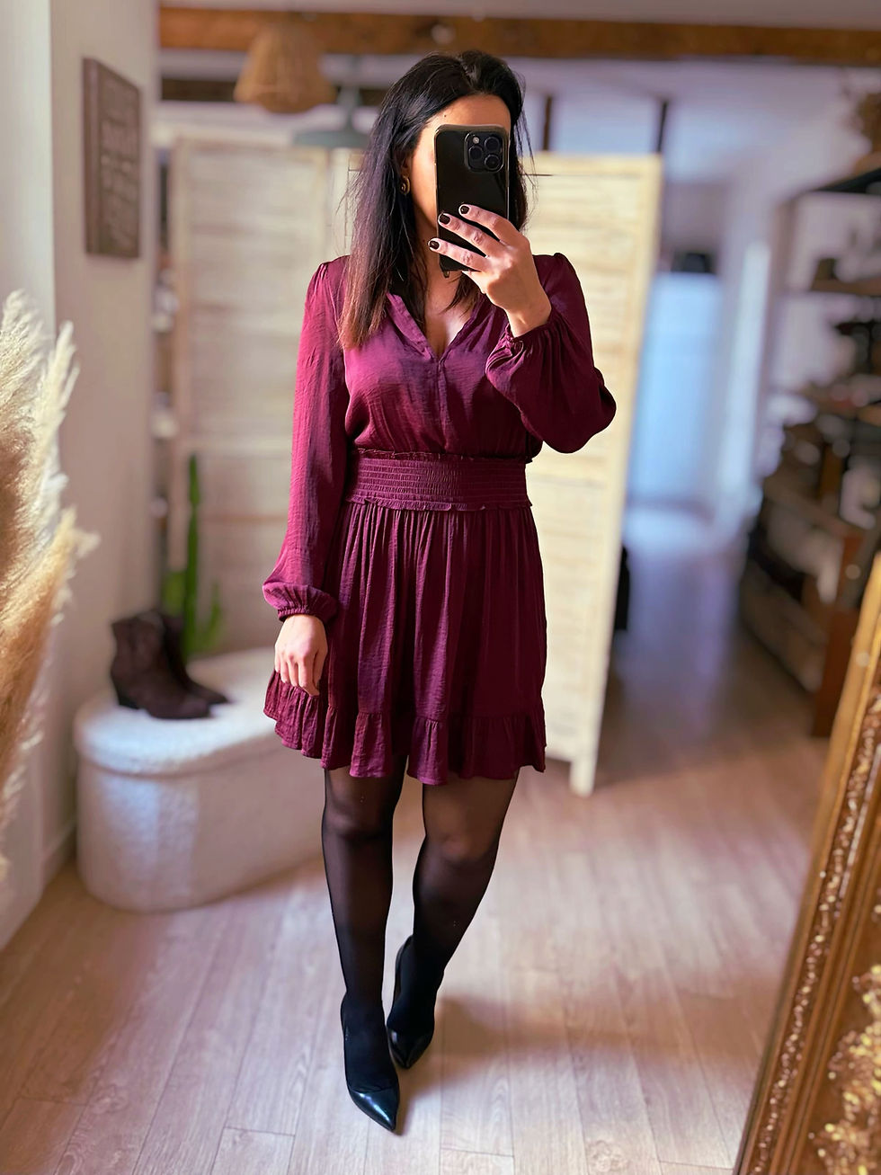 robe bordeaux courte femme chic fluide taille smockée lucilla