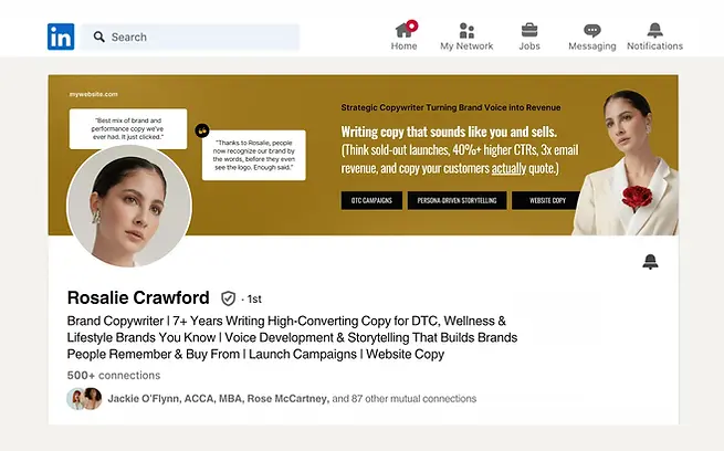 Brand Copywriter LinkedIn profile example - custom banner and headline (Canva)
