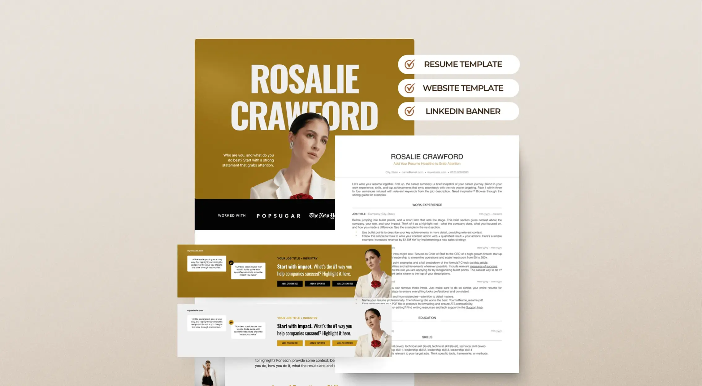 Black and gold job application templates, including ATS resume, website, and LinkedIn banner templates