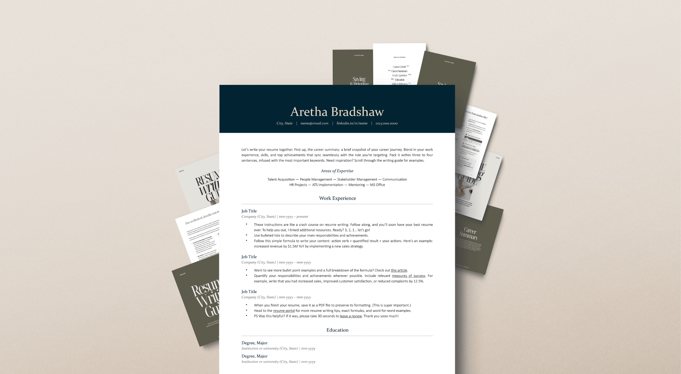 Modern ATS resume template and eBooks to resell on beige background.