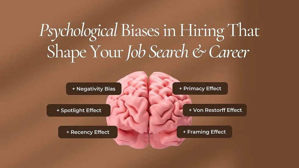 Illustration of a human brain with text: Psychological Biases in Hiring That Shape Your Job Search & Career, featuring examples like Negativity Bias, Primacy Effect, and Framing Effect.