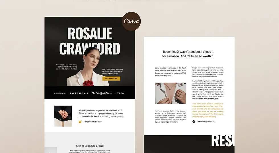 Thumbnail: Personal career portfolio website template in Canva. Modern black and gold one-page website template, ByRecruiters design