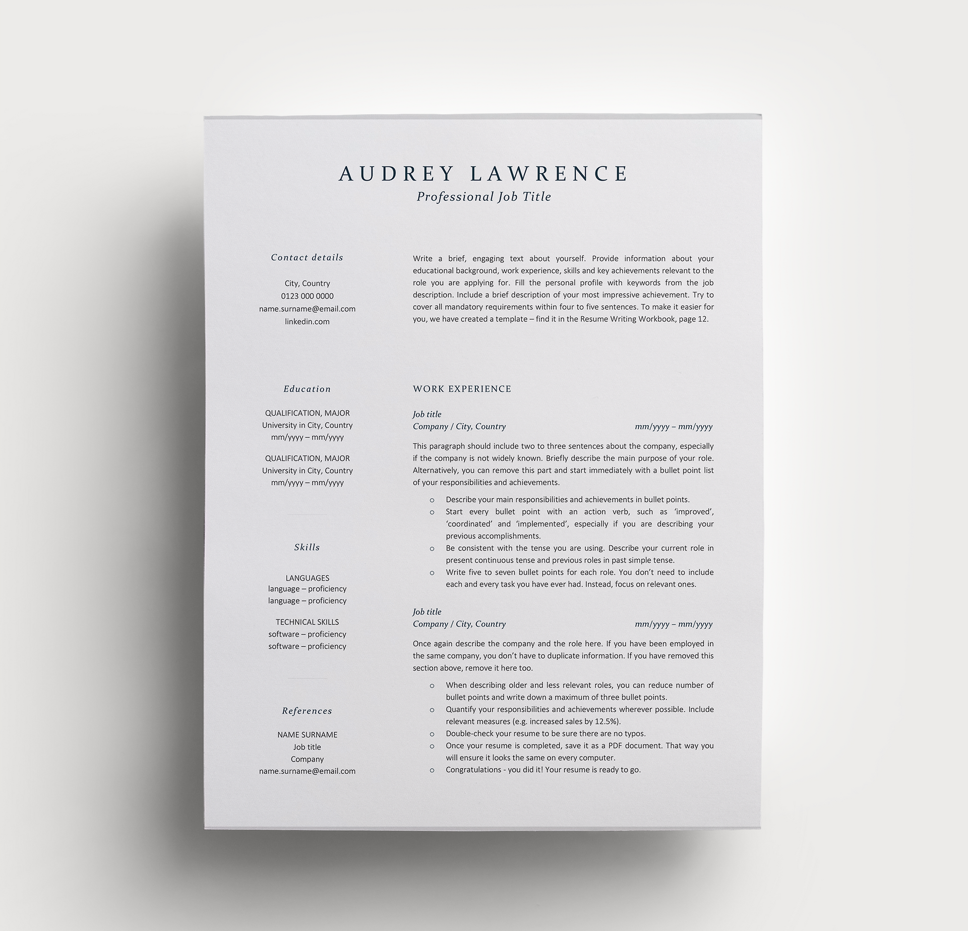 Modern resume template on a gray background.