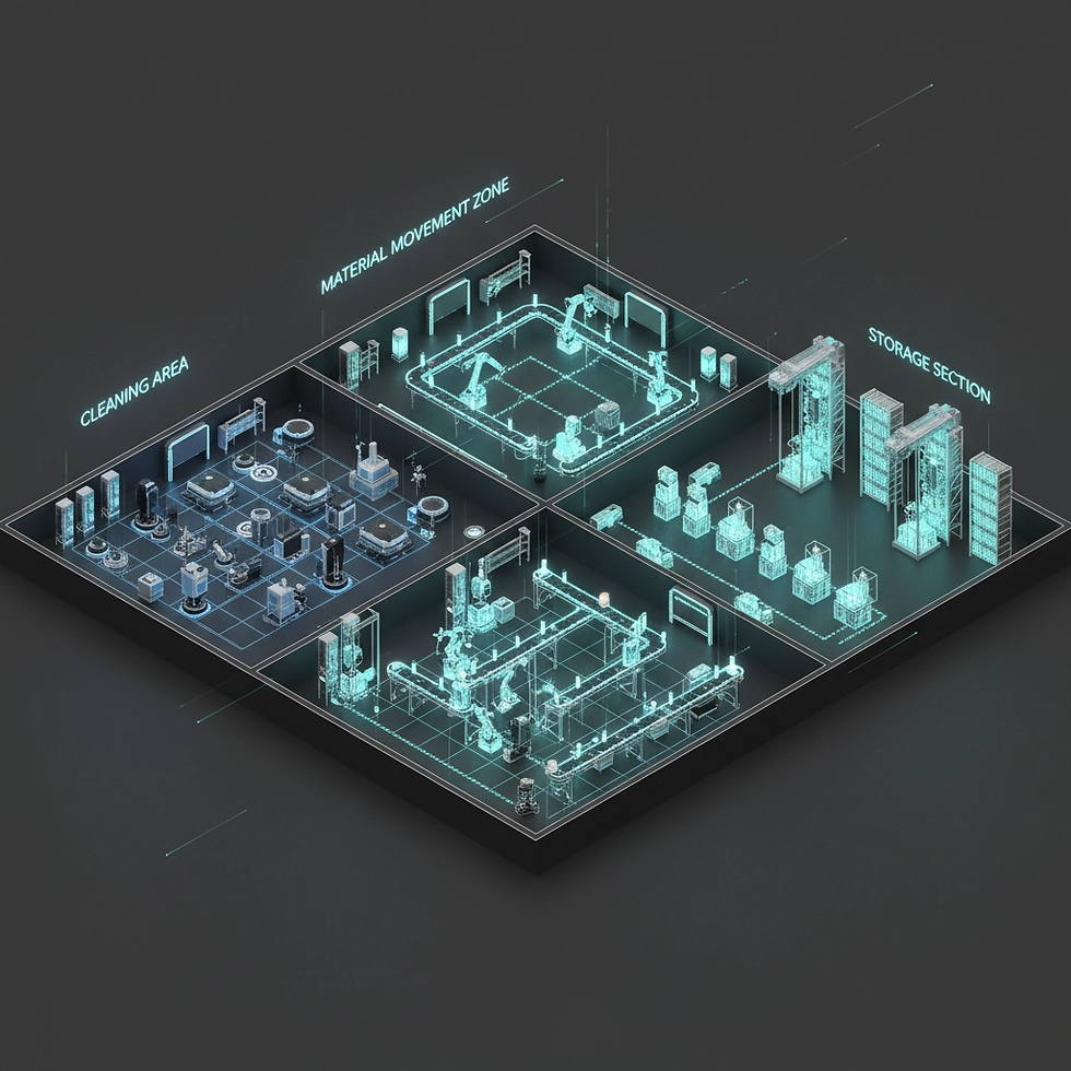 Futuristic gray blueprint of a facility with labeled areas: Cleaning, Material Movement Zone, and Storage, featuring blue glowing lines.
