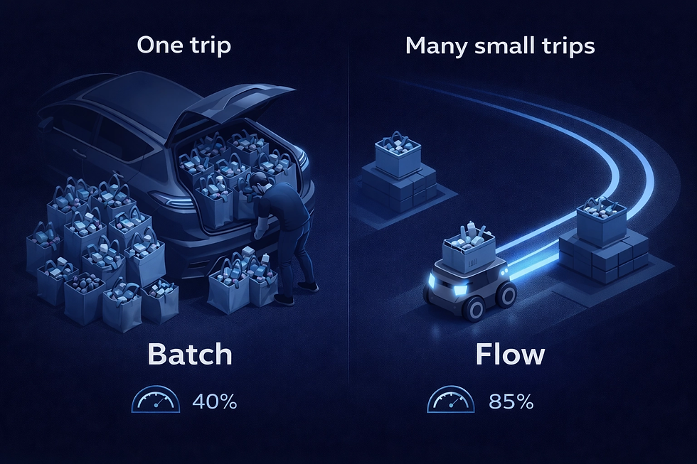 Car filled with shopping bags labeled "One trip Batch 40%". Robot making trips labeled "Many small trips Flow 85%". Blue theme.