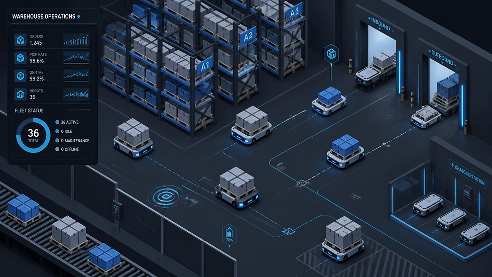 Futuristic warehouse with autonomous carts carrying boxes past shelves; dashboard shows orders, pick rate, on-time, and robots.