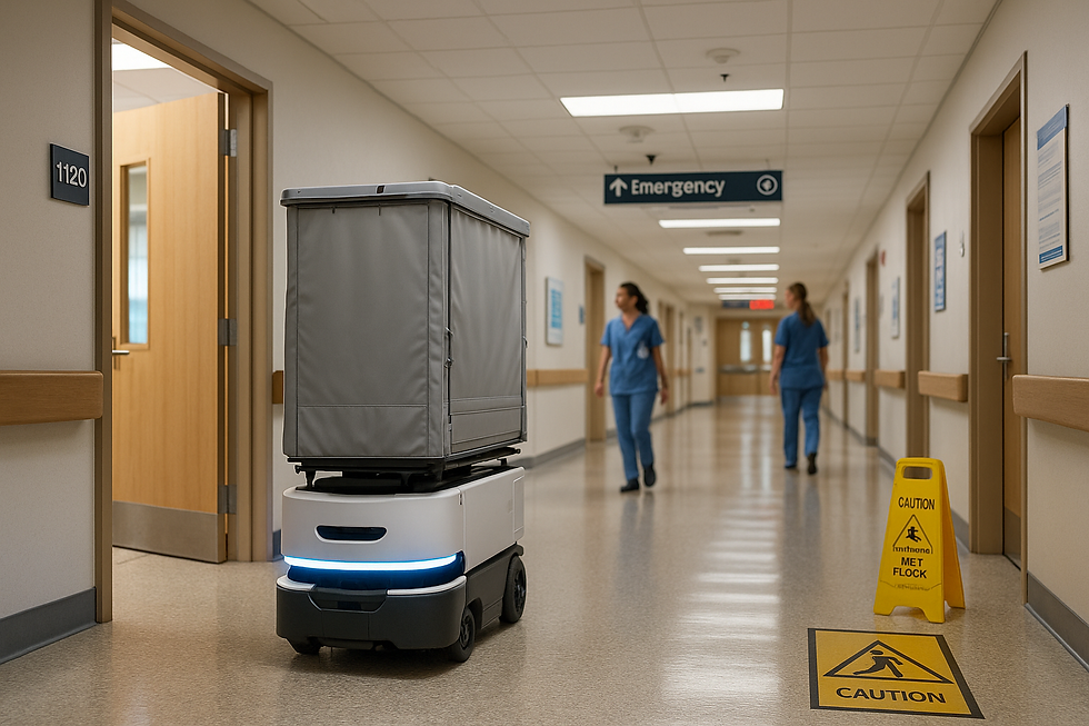 Robot transports items in a hospital corridor as two nurses walk. Caution signs mark wet floor. Emergency sign hangs overhead.