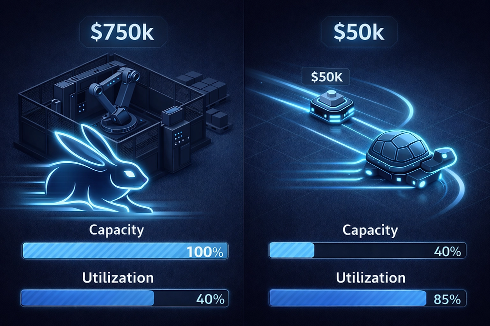 Blue infographic; left: fast rabbit symbol ($750k, 100% capacity, 40% utilization). Right: slow turtle symbol ($50k, 40% capacity, 85% utilization).