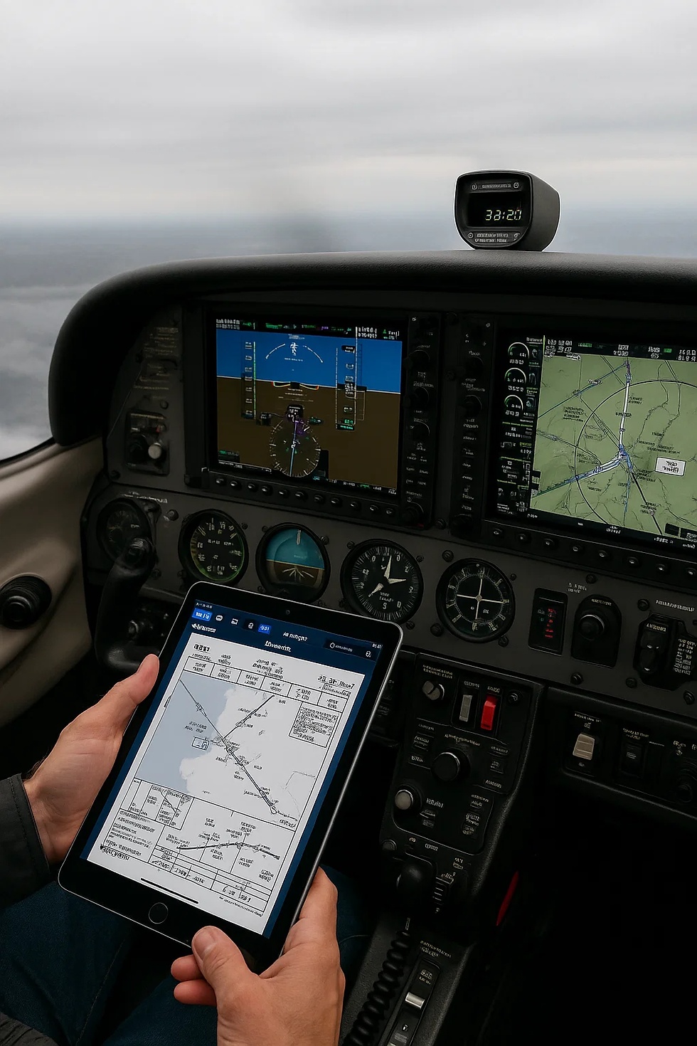Hands holding a tablet with a flight map in an airplane cockpit. Two digital screens show navigation data. Cloudy sky outside.